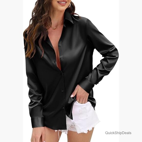 Tops - Soft Satin Silk Leopard Print Button Down Shirt Long Sleeve Blouse